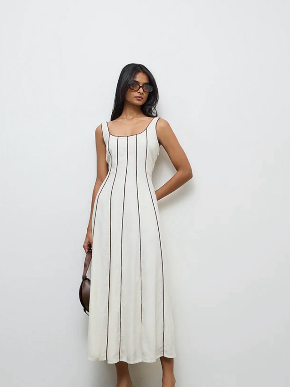 Sleeveless White Cotton/Linen Maxi Dress with Vertical Contrast Stripes